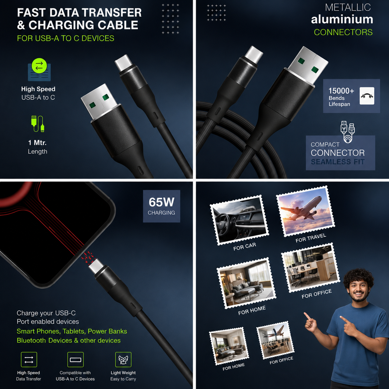 XON 65W Fast Charging USB-A to Type-C Cable | Data Transfer & Fast Charge | 1 Meter